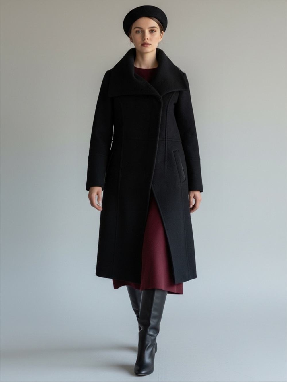 Cole Haan Black Asymmetric Zip Oversized Collar Wool Cashmere Blend Coat size 8